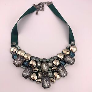Joan River Teal Green Bib Chunky Rhinestone Ribbon Necklace